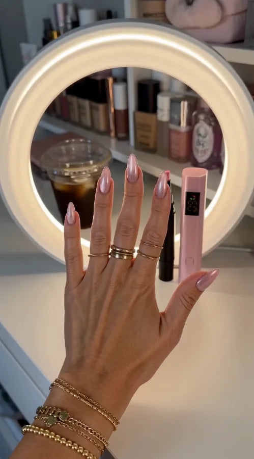 Customer showing her nails and pen